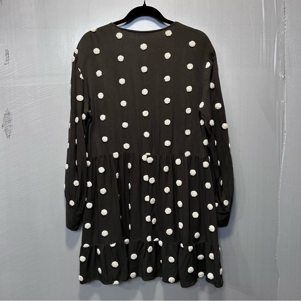 Zara Olive Green Baby Doll Tiered Ruffle Polka Dot Mini Dress Size Large - Picture 7 of 7